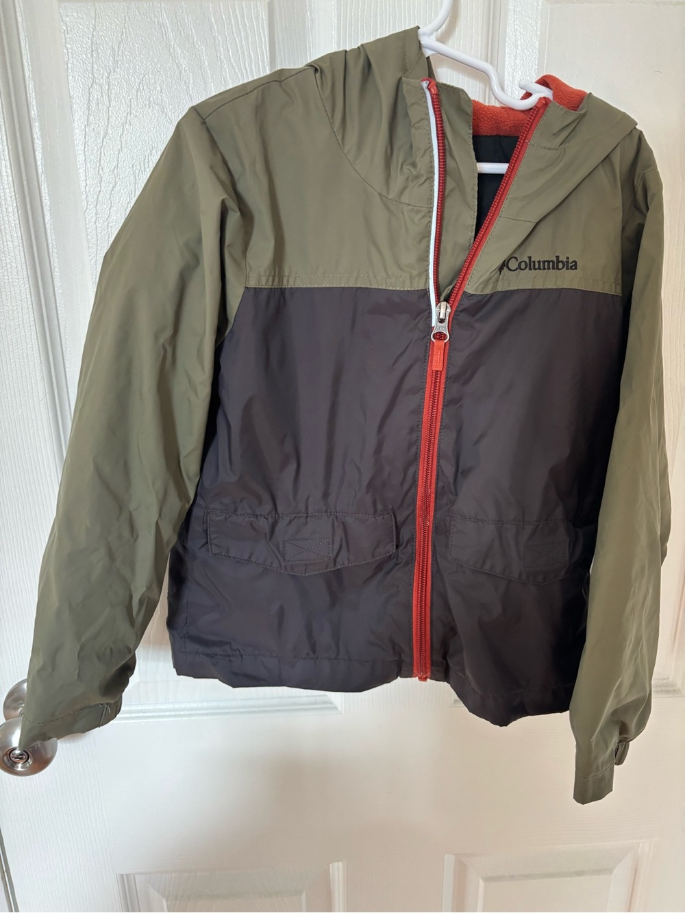 Columbia Kids Olive Green & Dark Brown Hooded Rain Jacket with Red Zipper